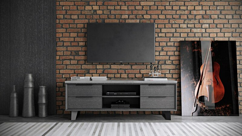 slim and low-profile media cabinet with a TV on it