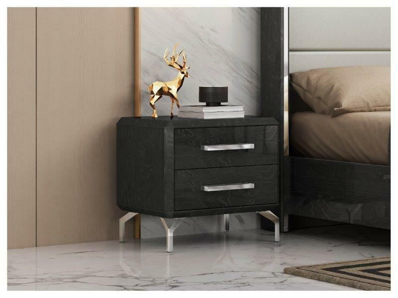 short black nightstand with silver accents